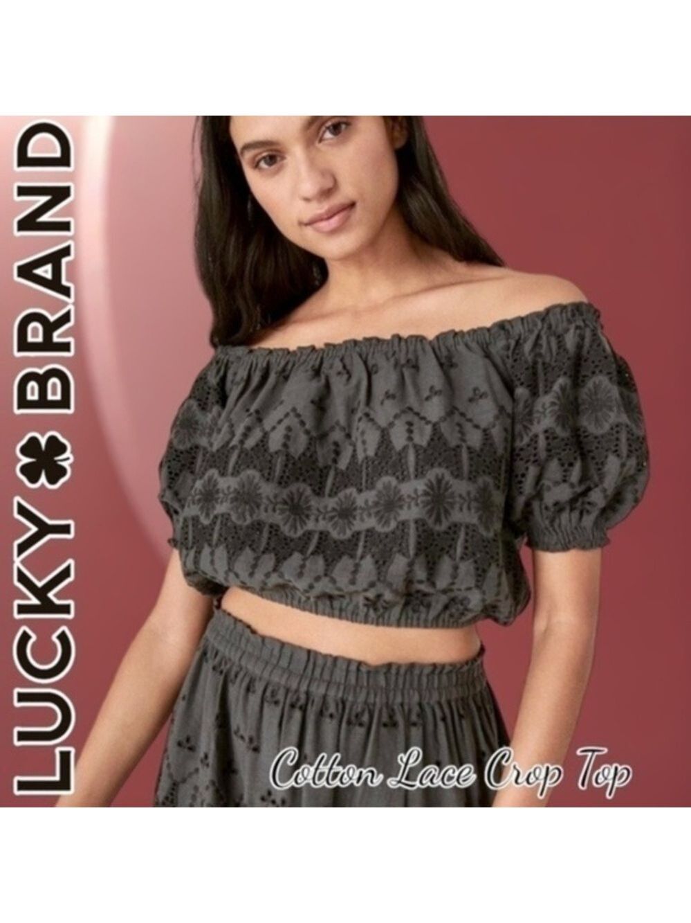 LUCKY BRAND On-Or-Off Shoulder Cotton Eyelet Puff Sleeve Crop Top NWT/XL